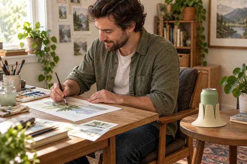 An artist with a separate side-table drink spot away from paint water. AI lifestyle illustration.