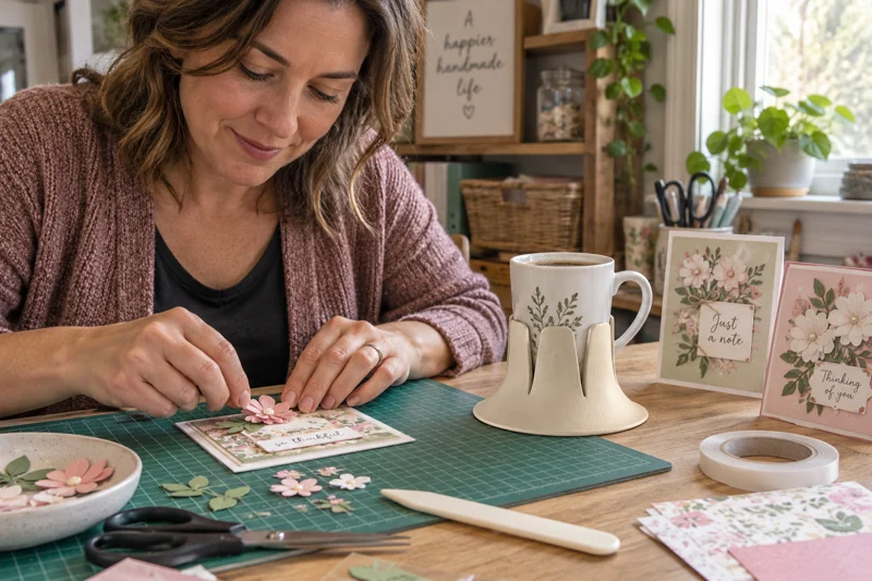 Handmaking layered-paper floral greeting cards with open white high-handled narrow-based ceramic coffee mug in Steadi on actual craft table just outside green cutting mat, close to the crafter. AI illustration.