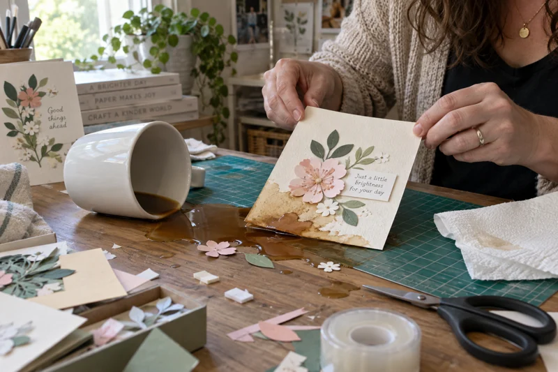 Reaching for scissors catches coffee; it wicks into a nearly finished handmade card and paper petals. AI illustration.
